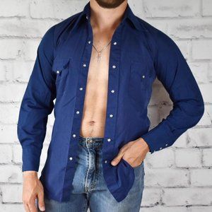 Vintage 70s Navy Permanent Press Western Style Dagger Collar Pearl Snap Up Shirt